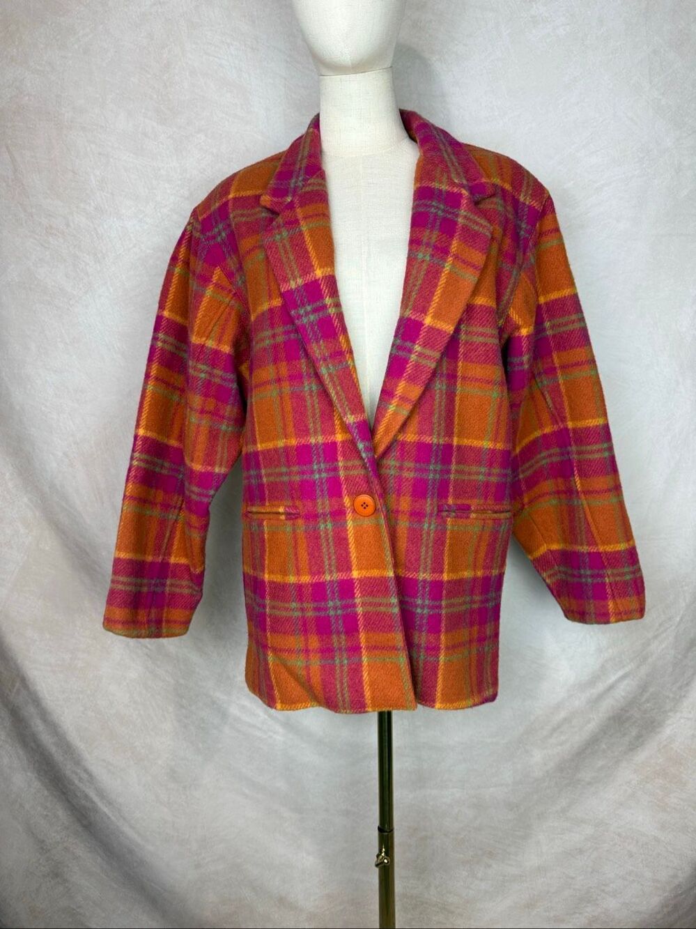 Vintage 1980s Adolfo International Wool Blend Coat Pink Red Plaid Sz M/L